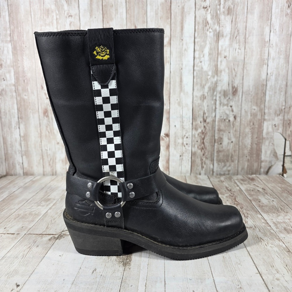 Harley Davidson Womens Black Leather Racing Harness Boots D87296 Size 8M Rose